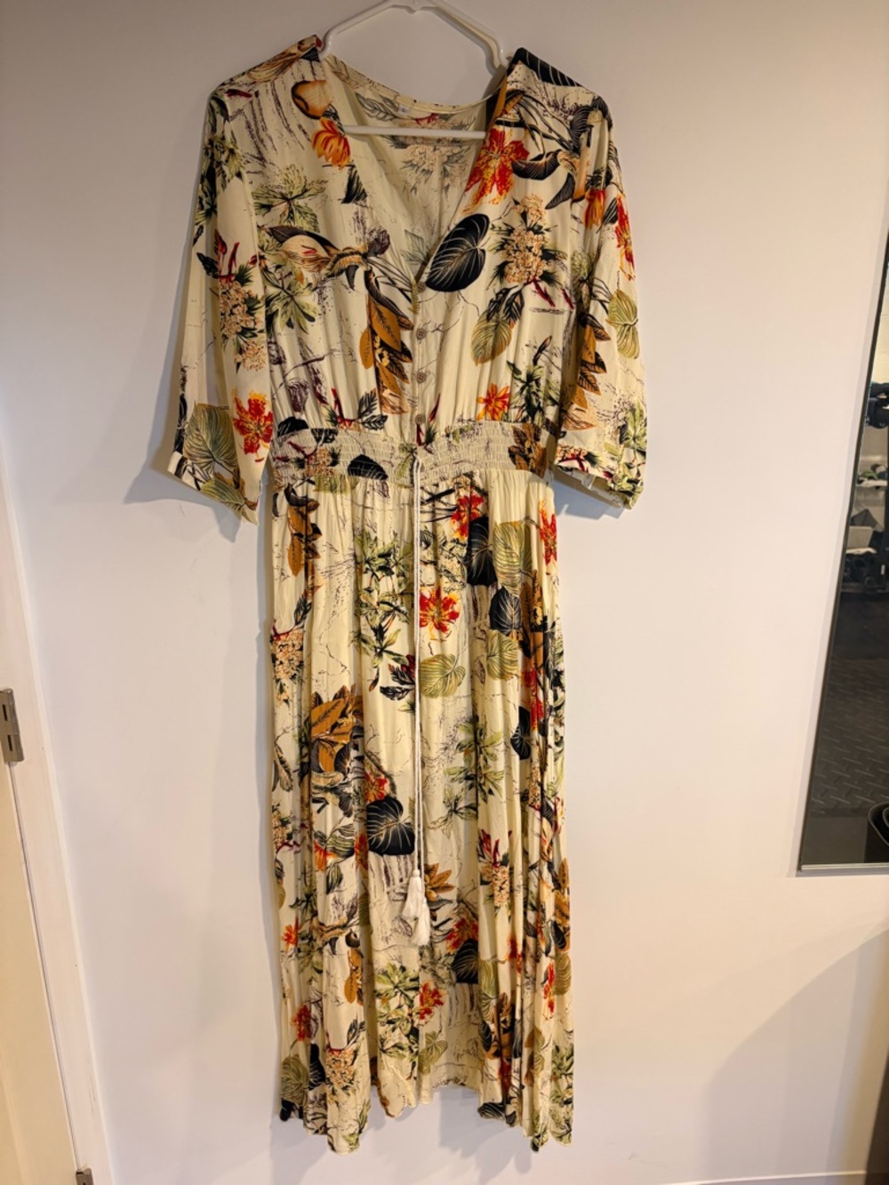 Amazon Floral V-Neck Maxi Dress in Cream with Green & Orange Print - Picture 3 of 3